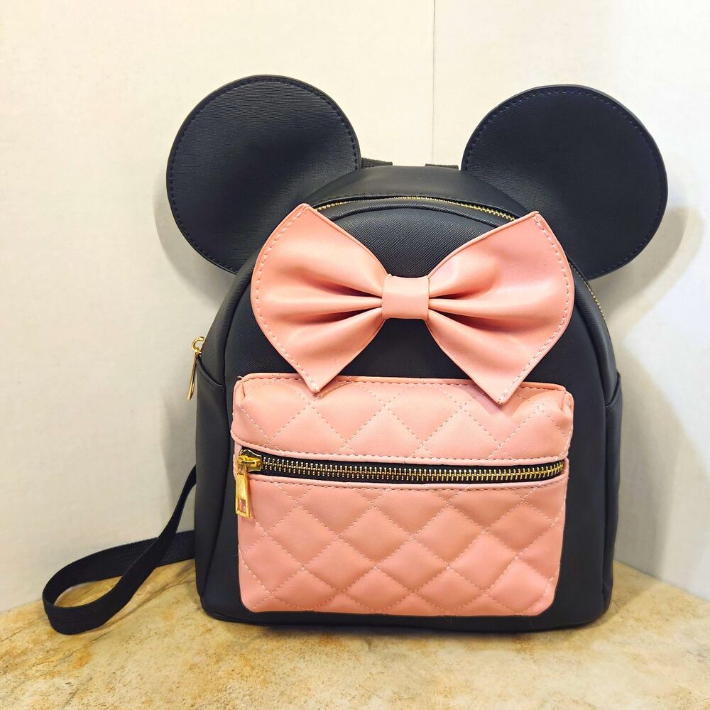 Disney Minnie Mouse Mini Backpack Purse Black Pink Ears Bow Adjustable Straps